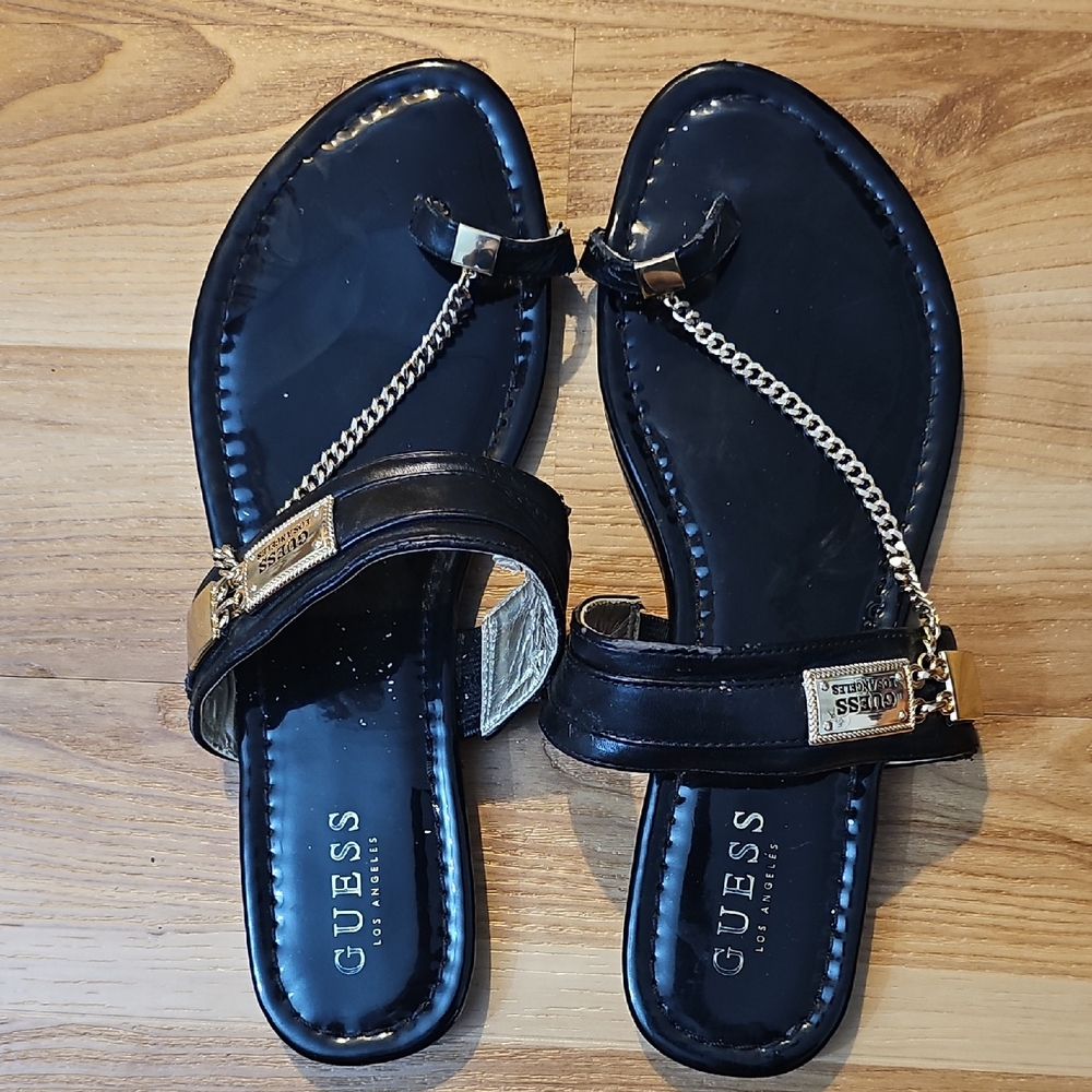 GUESS Landen Glossy Black Gold Chain Sandals